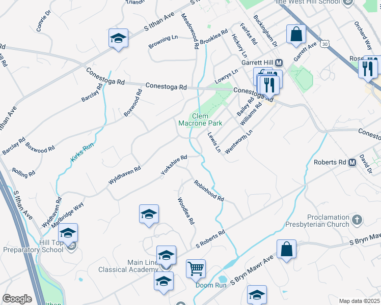 map of restaurants, bars, coffee shops, grocery stores, and more near 360 Yorkshire Road in Bryn Mawr