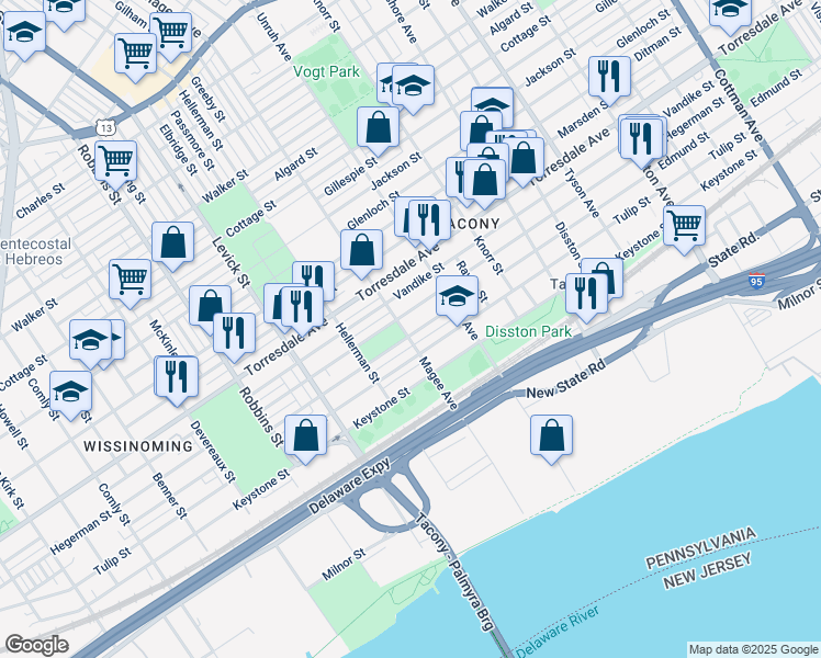 map of restaurants, bars, coffee shops, grocery stores, and more near 6604 Edmund Street in Philadelphia