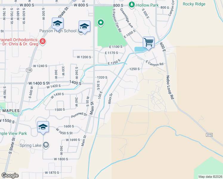 map of restaurants, bars, coffee shops, grocery stores, and more near 1418 Riley Drive in Payson