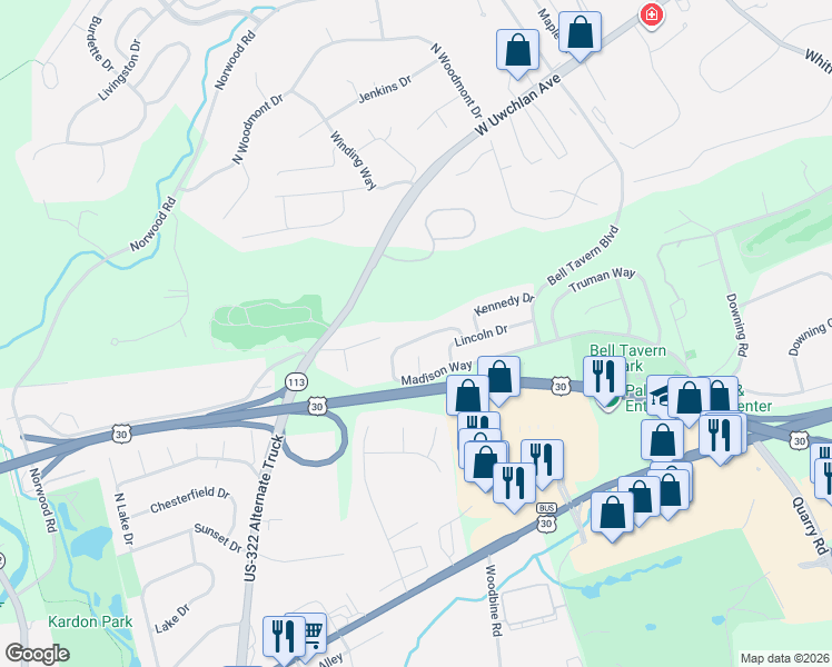 map of restaurants, bars, coffee shops, grocery stores, and more near 126 Madison Way in Downingtown