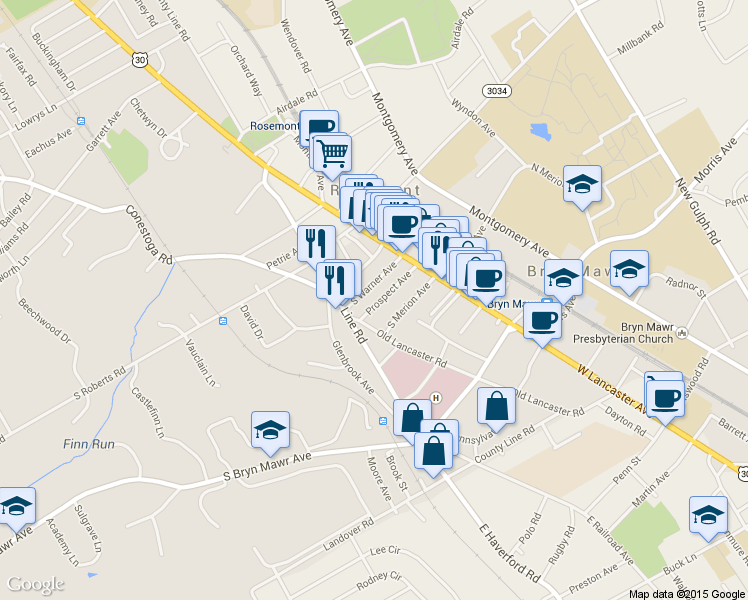 map of restaurants, bars, coffee shops, grocery stores, and more near 52 Prospect Avenue in Bryn Mawr