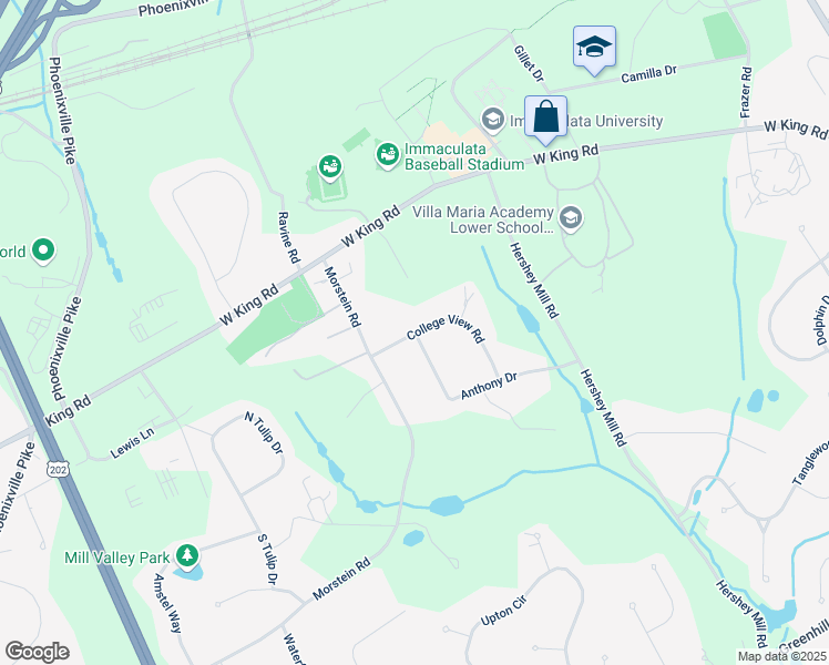 map of restaurants, bars, coffee shops, grocery stores, and more near 3 Collegeview Drive in Malvern