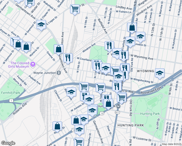 map of restaurants, bars, coffee shops, grocery stores, and more near 1716 West Wingohocking Street in Philadelphia
