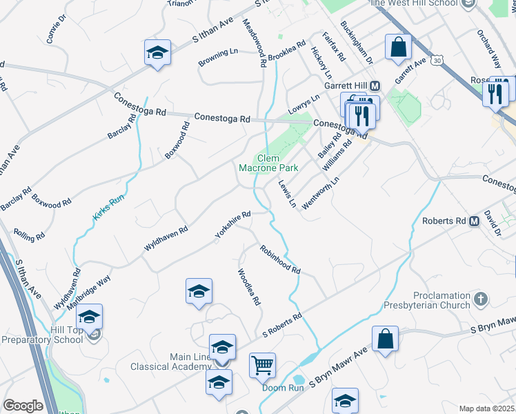 map of restaurants, bars, coffee shops, grocery stores, and more near 360 Yorkshire Road in Bryn Mawr