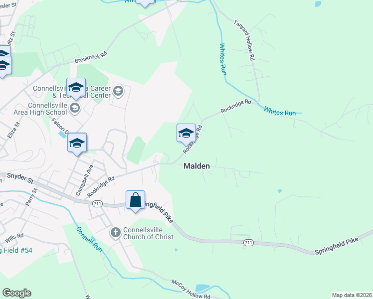 map of restaurants, bars, coffee shops, grocery stores, and more near 730 Rockridge Road in Connellsville