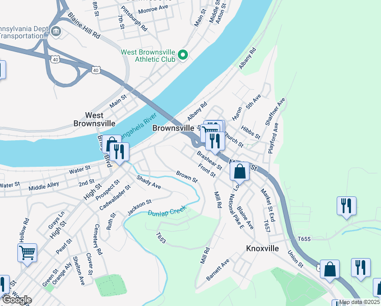 map of restaurants, bars, coffee shops, grocery stores, and more near 300 Front Street in Brownsville