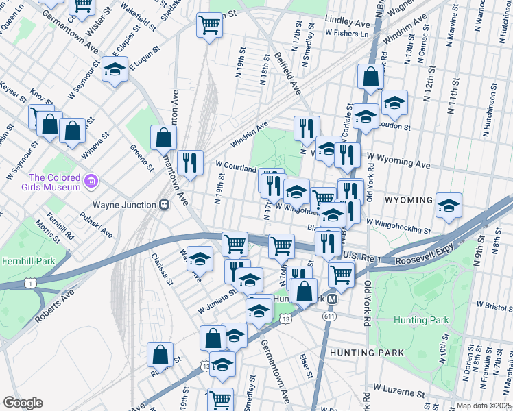 map of restaurants, bars, coffee shops, grocery stores, and more near 1718 West Wingohocking Street in Philadelphia