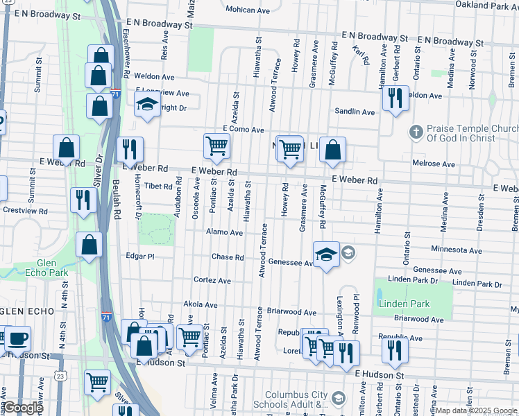 map of restaurants, bars, coffee shops, grocery stores, and more near 2754 Hiawatha Street in Columbus