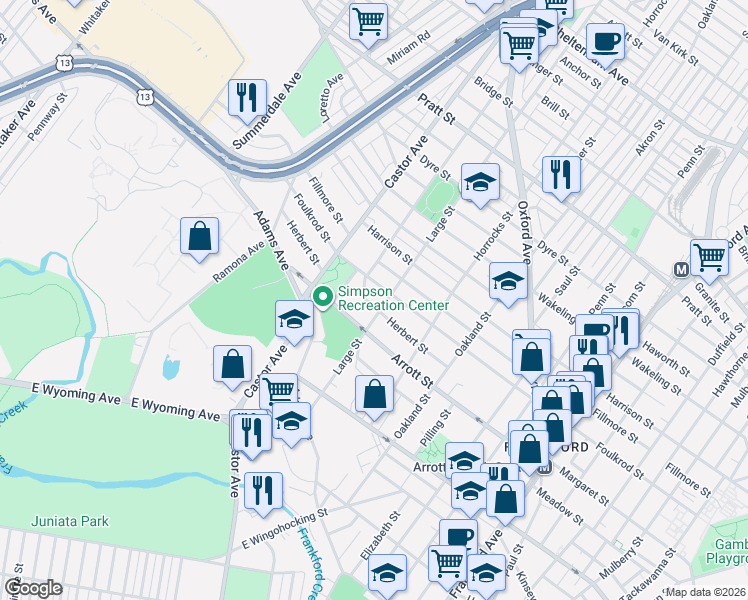 map of restaurants, bars, coffee shops, grocery stores, and more near 4712 Large Street in Philadelphia