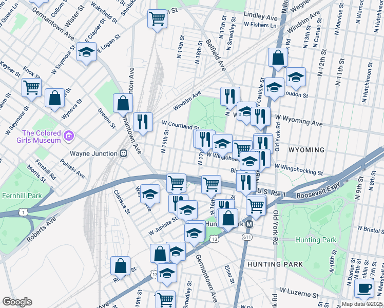 map of restaurants, bars, coffee shops, grocery stores, and more near 1716 West Wingohocking Street in Philadelphia