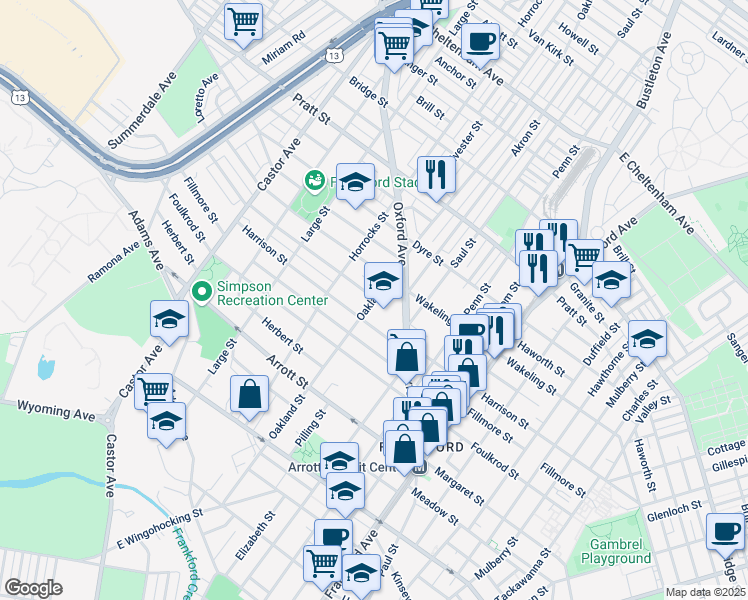 map of restaurants, bars, coffee shops, grocery stores, and more near 4923 Oakland Street in Philadelphia