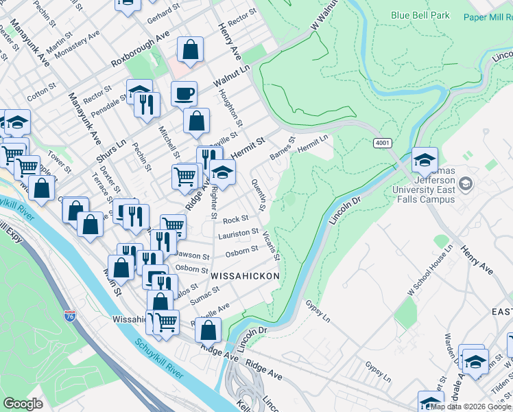 map of restaurants, bars, coffee shops, grocery stores, and more near 215 Rock Street in Philadelphia