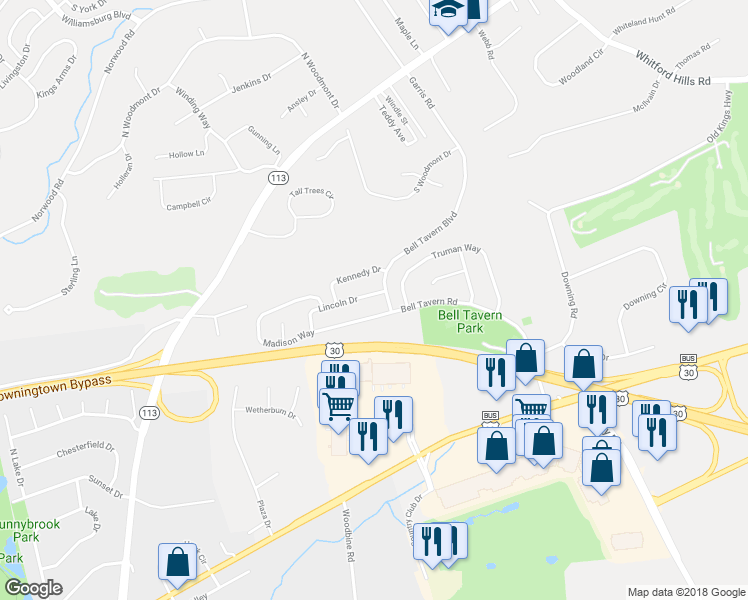 map of restaurants, bars, coffee shops, grocery stores, and more near 9 Lincoln Drive in Downingtown