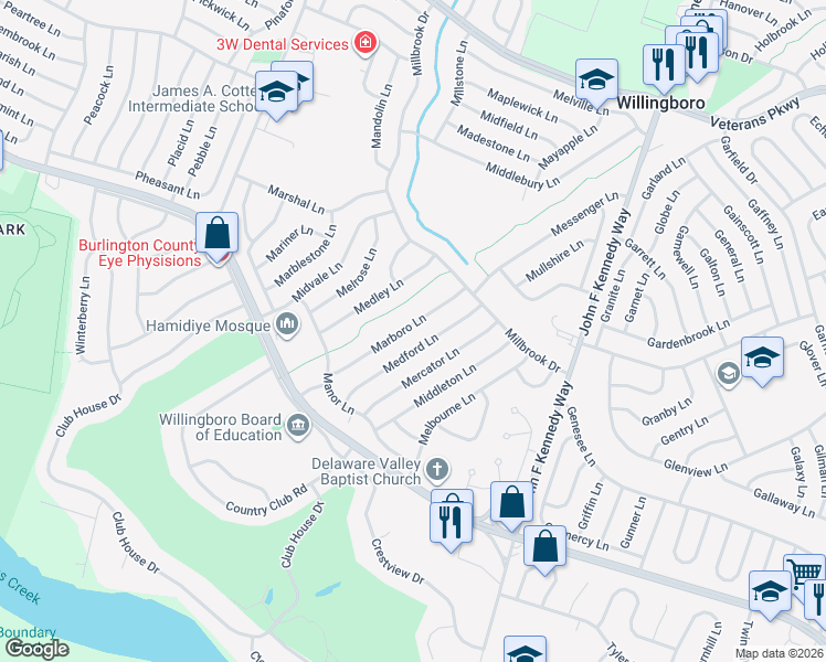 map of restaurants, bars, coffee shops, grocery stores, and more near 47 Medford Lane in Willingboro