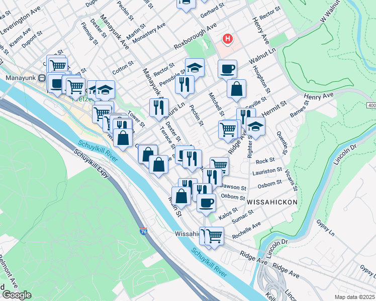map of restaurants, bars, coffee shops, grocery stores, and more near 3914 Manayunk Avenue in Philadelphia