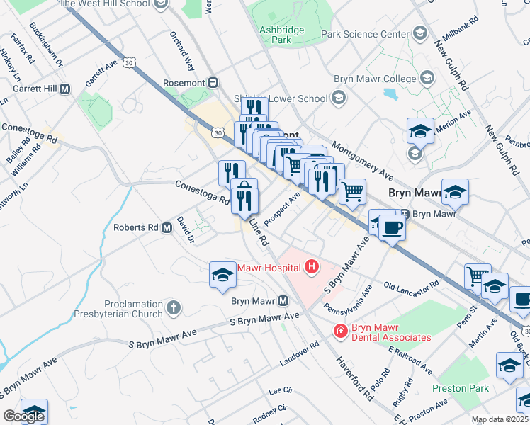 map of restaurants, bars, coffee shops, grocery stores, and more near 59 South Warner Avenue in Bryn Mawr