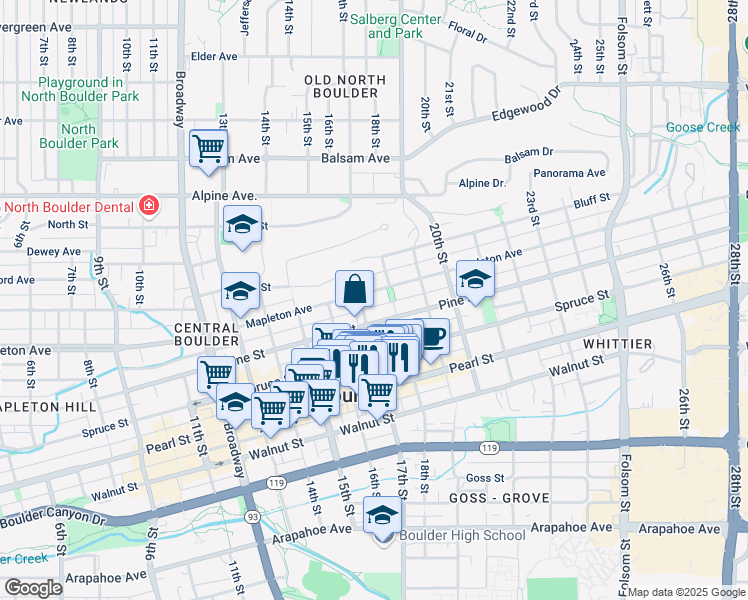 map of restaurants, bars, coffee shops, grocery stores, and more near 1645 Pine Street in Boulder