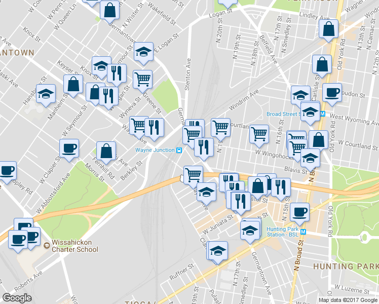 map of restaurants, bars, coffee shops, grocery stores, and more near 4455 Greene Street in Philadelphia