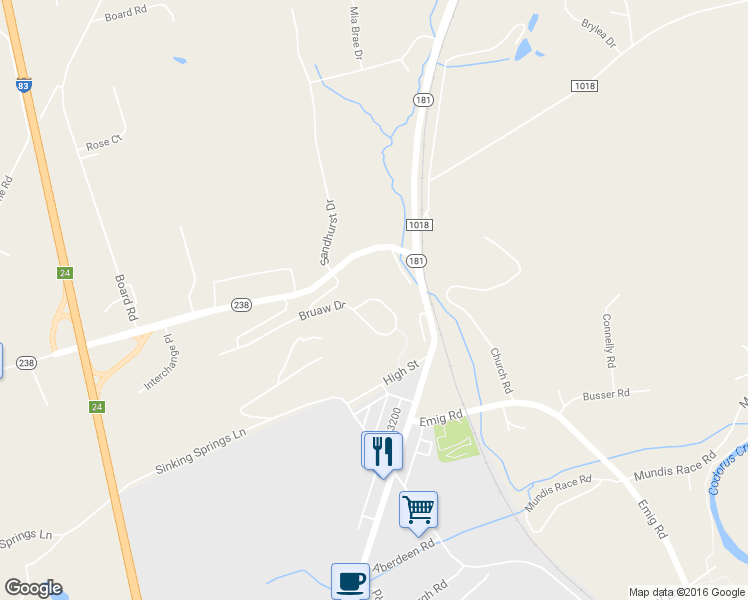 map of restaurants, bars, coffee shops, grocery stores, and more near 137 Bruaw Drive in York