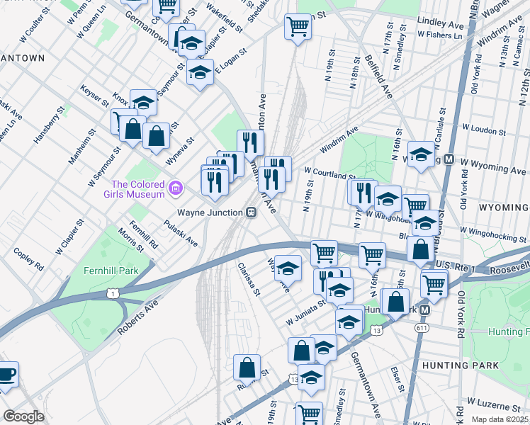 map of restaurants, bars, coffee shops, grocery stores, and more near 4455 Greene Street in Philadelphia