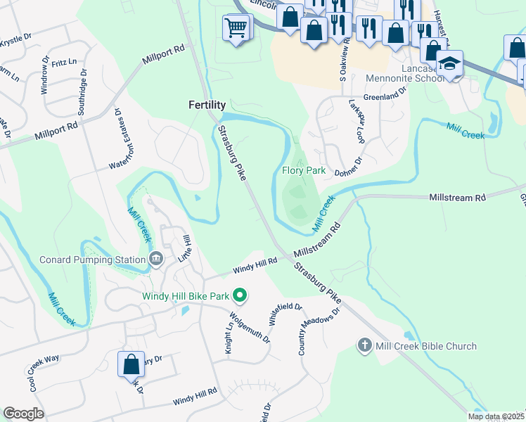 map of restaurants, bars, coffee shops, grocery stores, and more near 161 Strasburg Pike in Lancaster