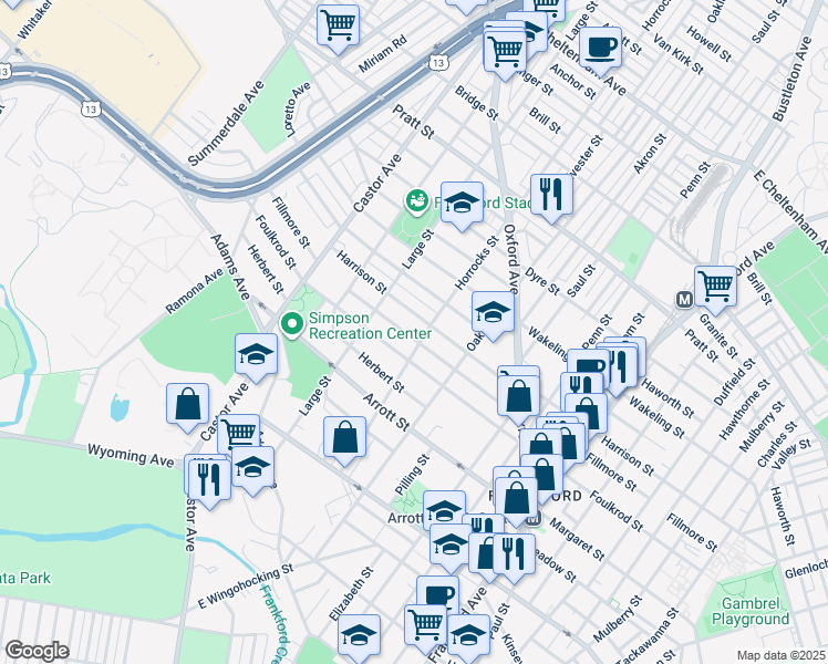 map of restaurants, bars, coffee shops, grocery stores, and more near 1135 Fillmore Street in Philadelphia