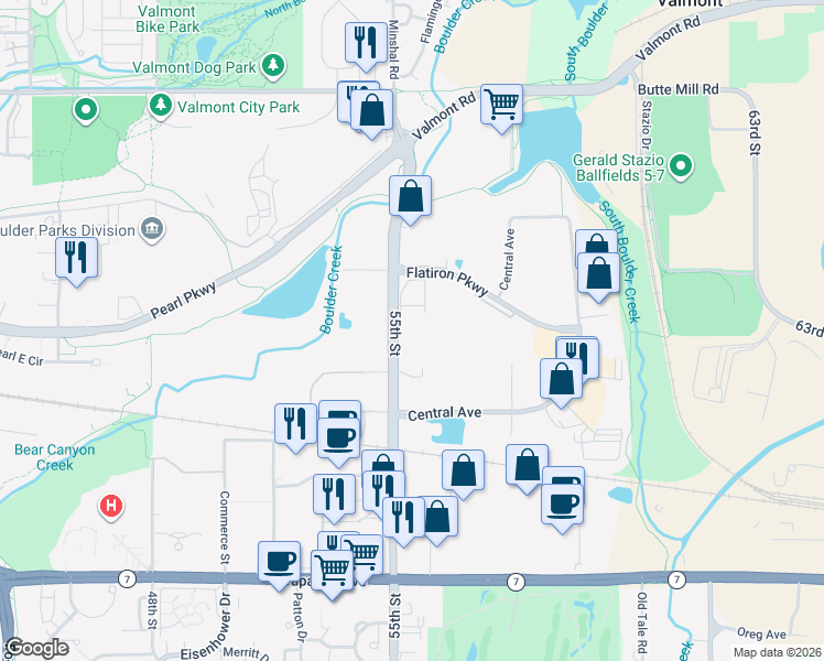 map of restaurants, bars, coffee shops, grocery stores, and more near in Boulder
