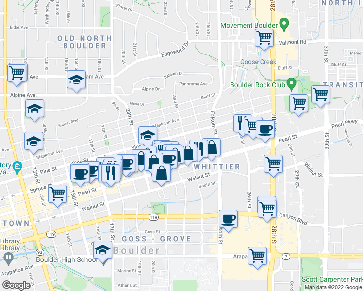 map of restaurants, bars, coffee shops, grocery stores, and more near 2220 Spruce Street in Boulder