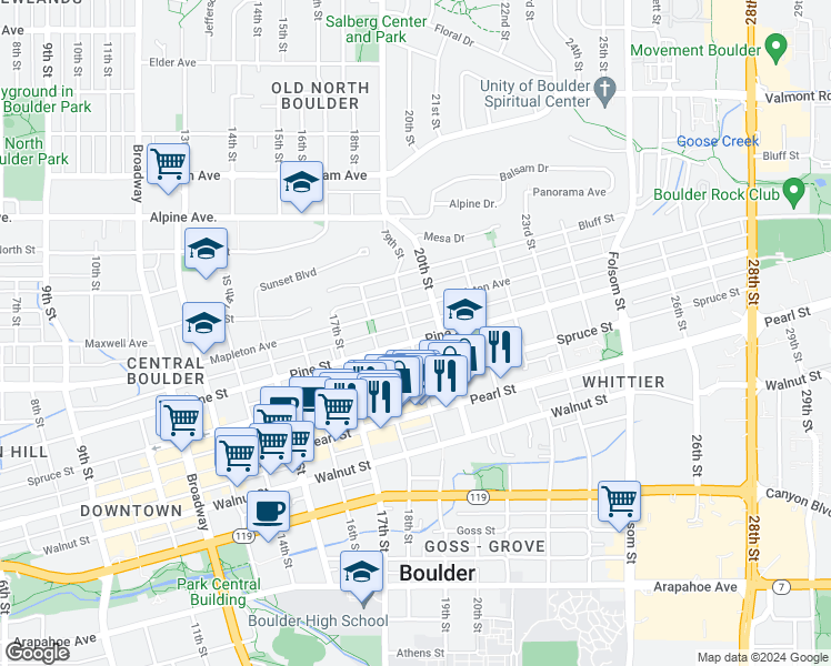 map of restaurants, bars, coffee shops, grocery stores, and more near 2136 19th Street in Boulder