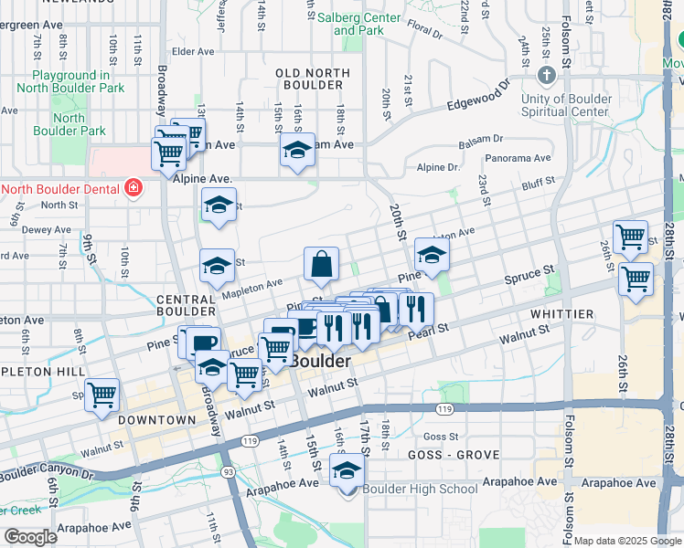 map of restaurants, bars, coffee shops, grocery stores, and more near 1746 Pine Street in Boulder