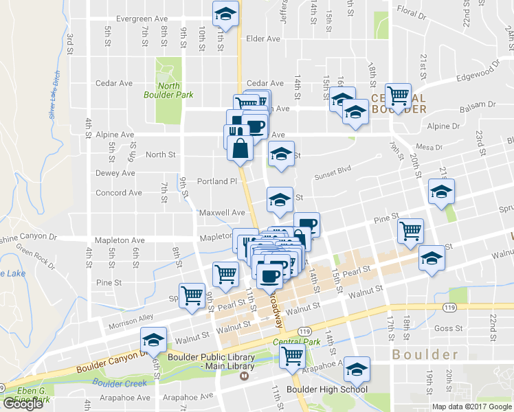 map of restaurants, bars, coffee shops, grocery stores, and more near in Boulder