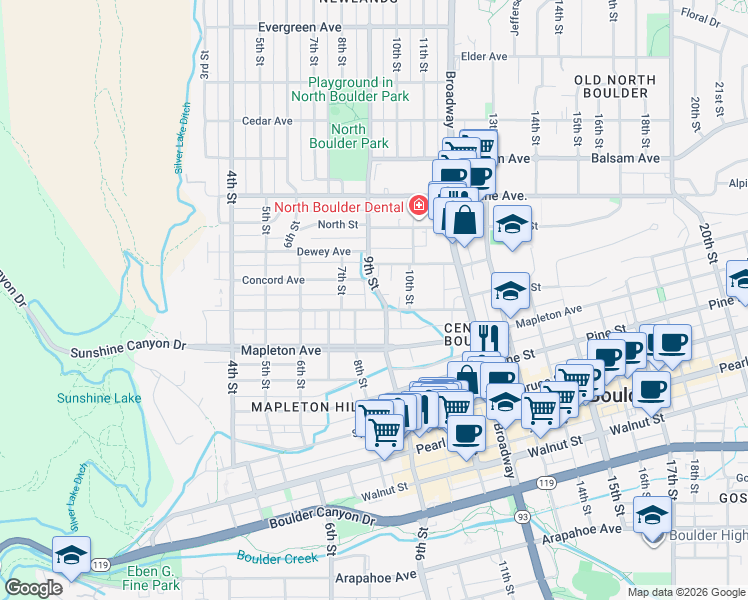 map of restaurants, bars, coffee shops, grocery stores, and more near 840 Maxwell Avenue in Boulder