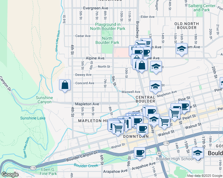 map of restaurants, bars, coffee shops, grocery stores, and more near 736 Maxwell Avenue in Boulder