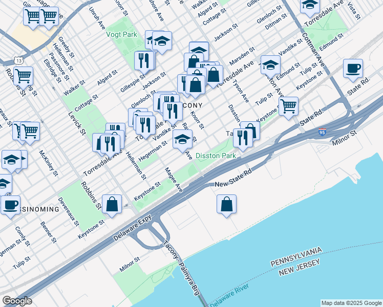 map of restaurants, bars, coffee shops, grocery stores, and more near 6670 Keystone Street in Philadelphia