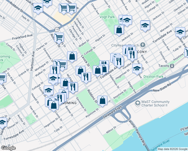 map of restaurants, bars, coffee shops, grocery stores, and more near in Philadelphia