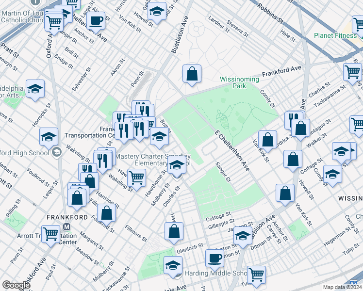 map of restaurants, bars, coffee shops, grocery stores, and more near 1726 Brill Street in Philadelphia