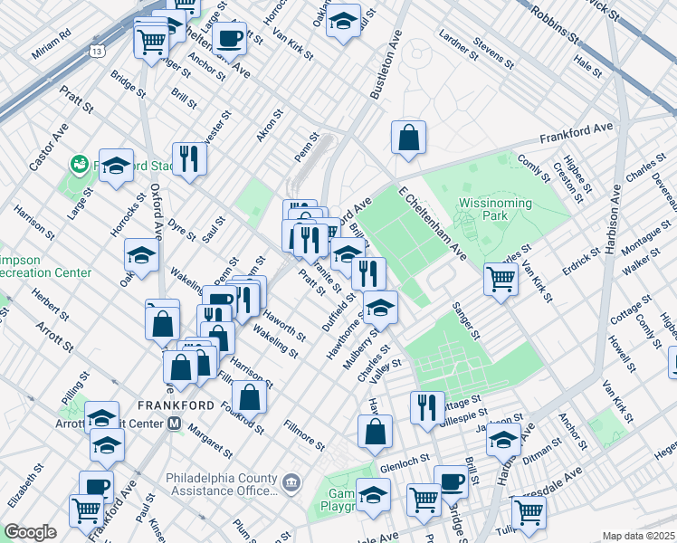 map of restaurants, bars, coffee shops, grocery stores, and more near 1645 Pratt Street in Philadelphia