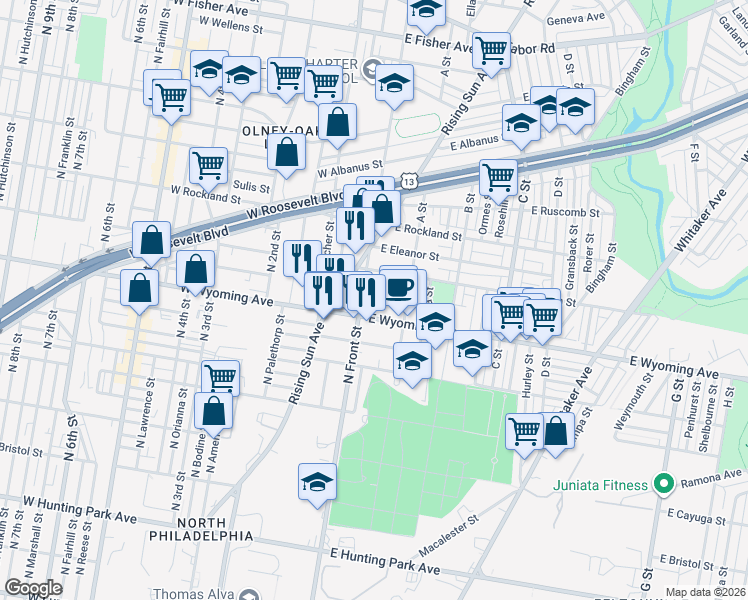 map of restaurants, bars, coffee shops, grocery stores, and more near 131 East Wyoming Avenue in Philadelphia