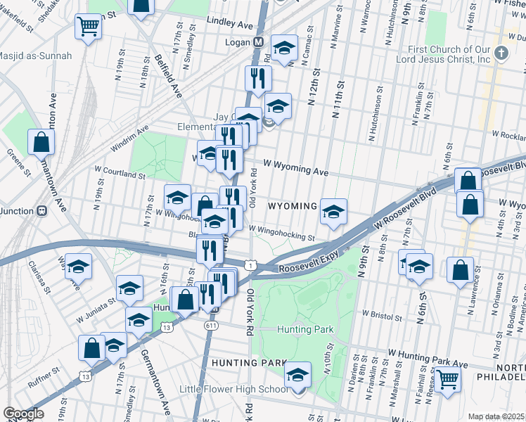 map of restaurants, bars, coffee shops, grocery stores, and more near 1317 West Wingohocking Street in Philadelphia