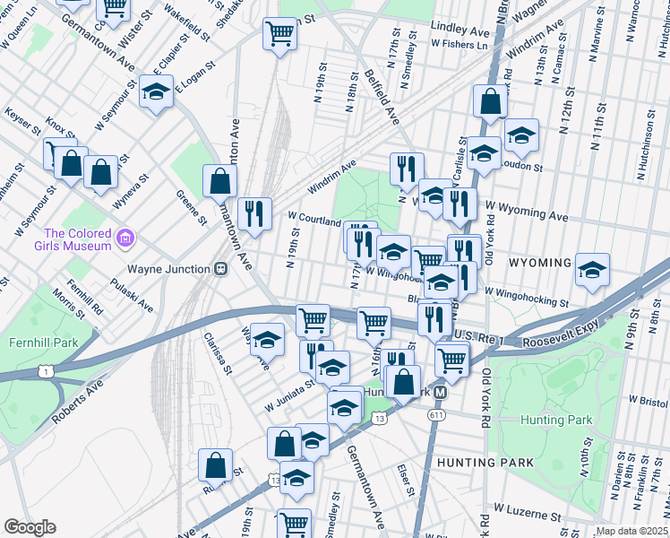 map of restaurants, bars, coffee shops, grocery stores, and more near 1726 West Wingohocking Street in Philadelphia