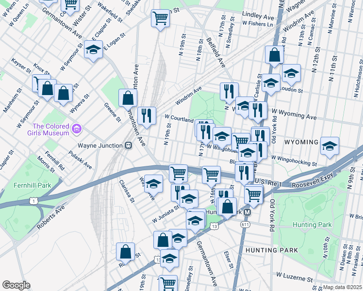 map of restaurants, bars, coffee shops, grocery stores, and more near 1734 Blavis Street in Philadelphia