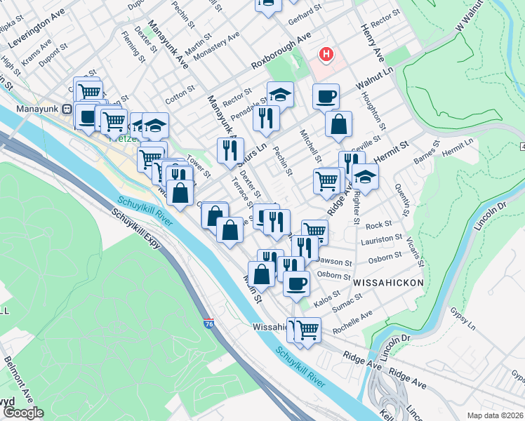 map of restaurants, bars, coffee shops, grocery stores, and more near Terrace Street in Philadelphia