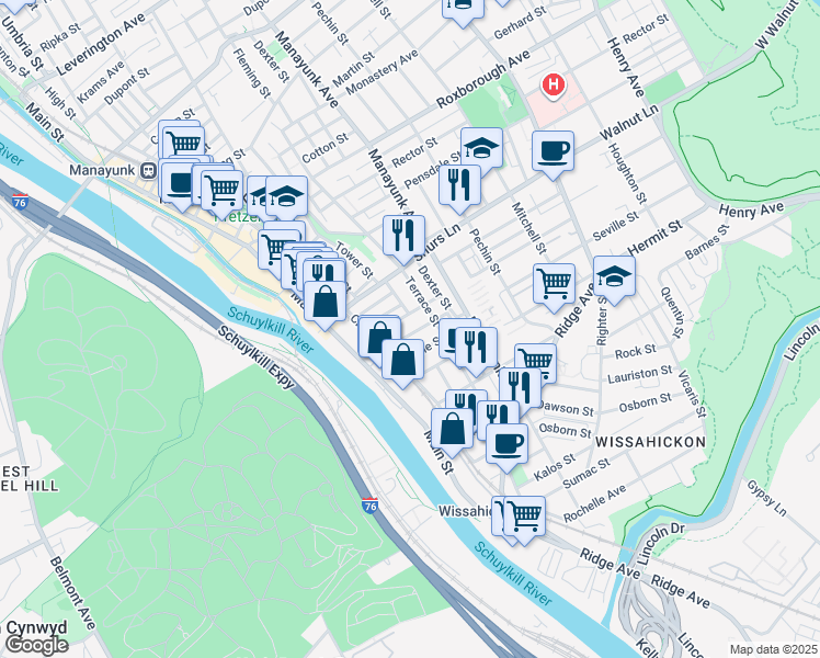 map of restaurants, bars, coffee shops, grocery stores, and more near 126 Seville Street in Philadelphia
