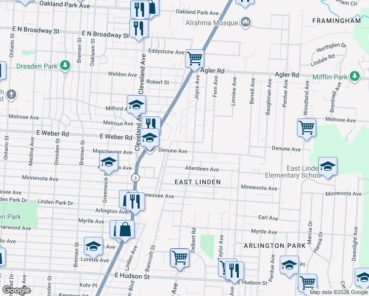 map of restaurants, bars, coffee shops, grocery stores, and more near 1897 Denune Avenue in Columbus