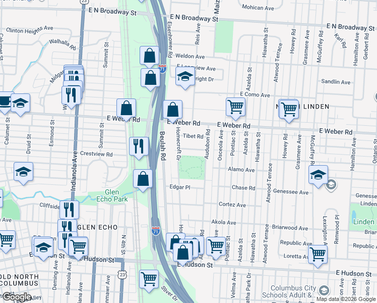 map of restaurants, bars, coffee shops, grocery stores, and more near 2770 Audubon Road in Columbus