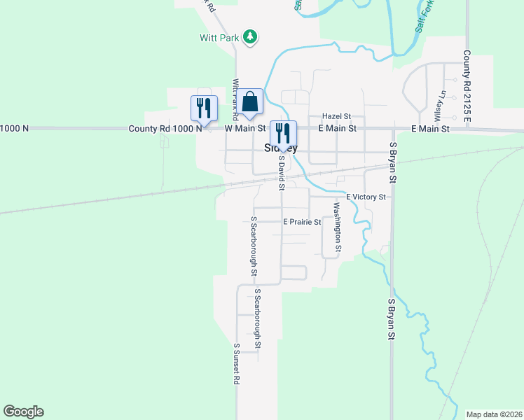 map of restaurants, bars, coffee shops, grocery stores, and more near 105 East Prairie Street in Sidney