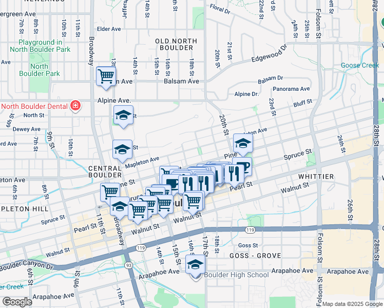 map of restaurants, bars, coffee shops, grocery stores, and more near 1726 Mapleton Avenue in Boulder