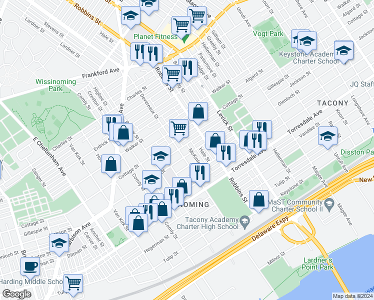 map of restaurants, bars, coffee shops, grocery stores, and more near 4424 McKinley Street in Philadelphia