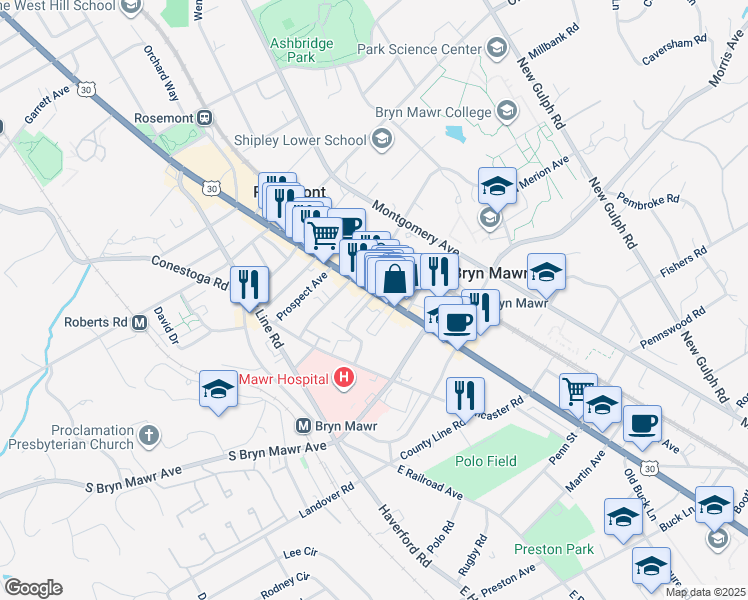 map of restaurants, bars, coffee shops, grocery stores, and more near 1 Central Avenue in Bryn Mawr