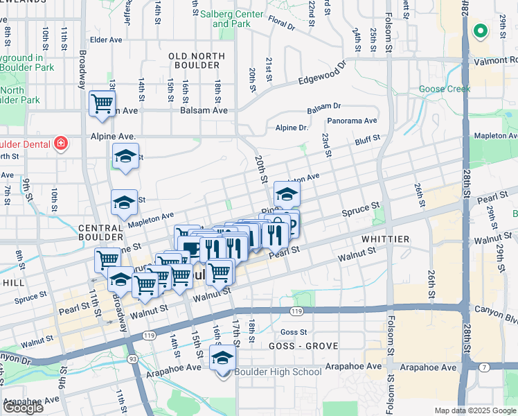 map of restaurants, bars, coffee shops, grocery stores, and more near 1915 Pine Street in Boulder